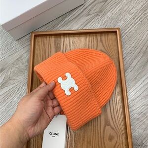 Celine Orange Knit Beanie with Logo